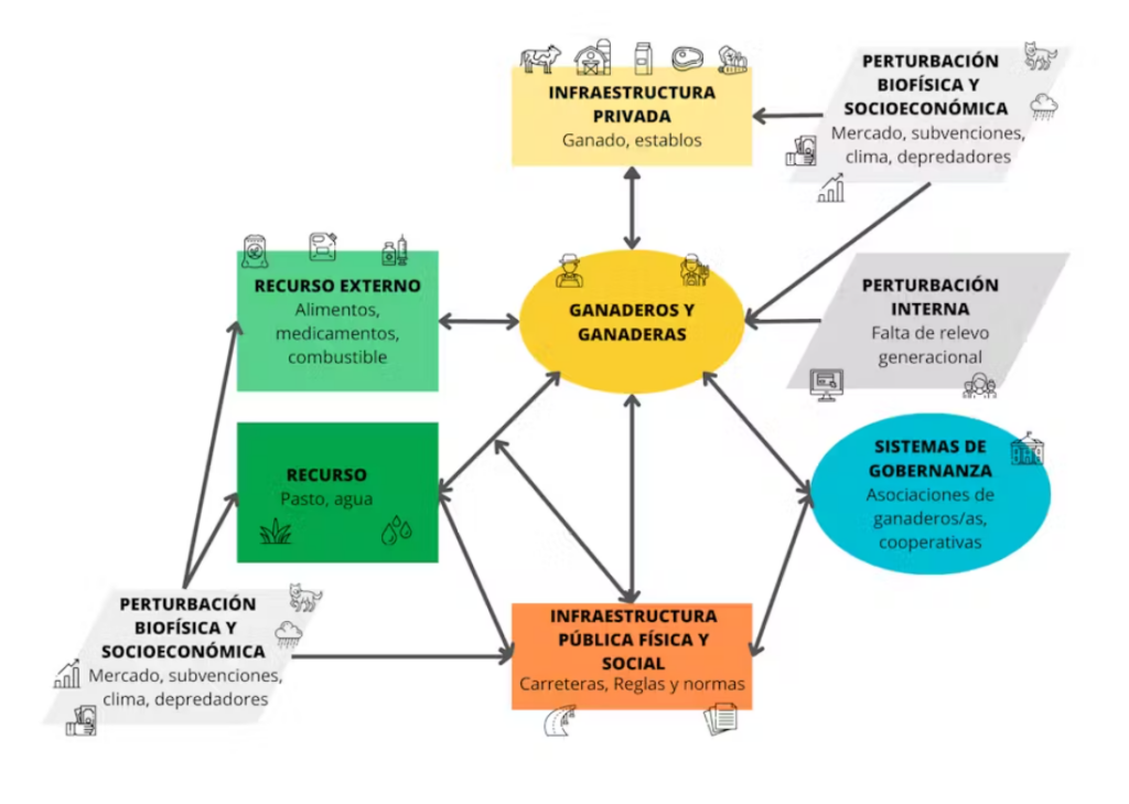 Sistemas ganaderos extensivos representados mediante el marco de sistemas de infraestructuras acopladas. Adaptado de Anderies J. M., Janssen M. A. y Ostrom E. (2004). Francisco Javier Lacosta et al.